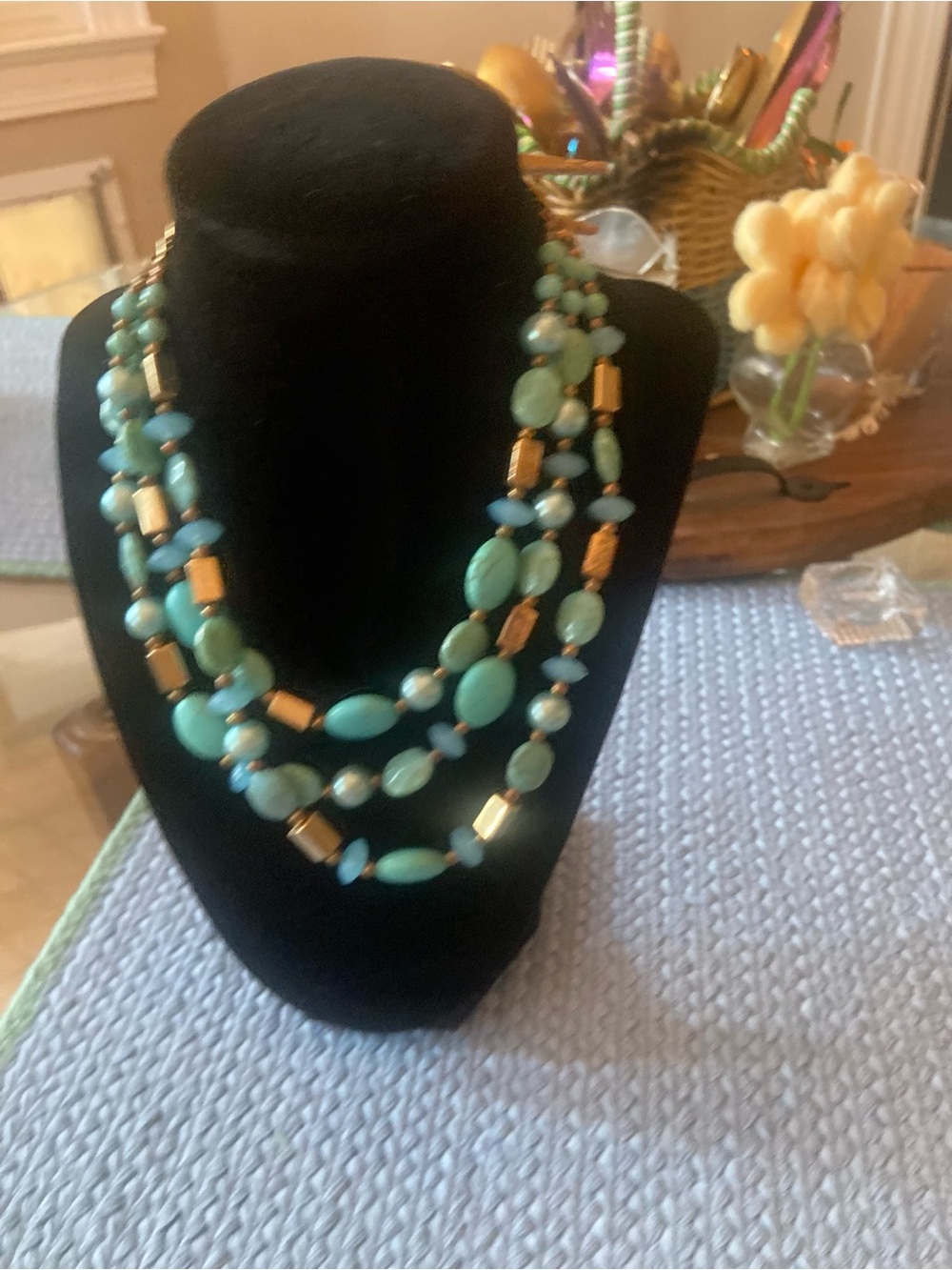 Three-Strand Turquoise Bead Necklace with Gold Accents - Women Jewelry